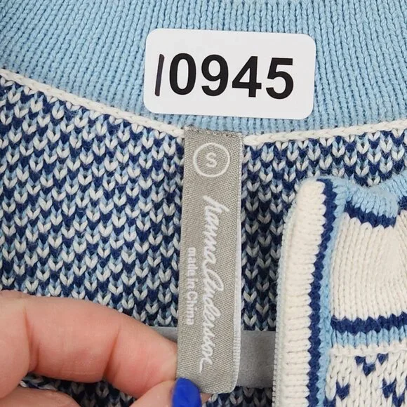 Hanna Andersson Sweater Womens Small White Blue Fair Isle Quarter Zip Pullover - Picture 6 of 12